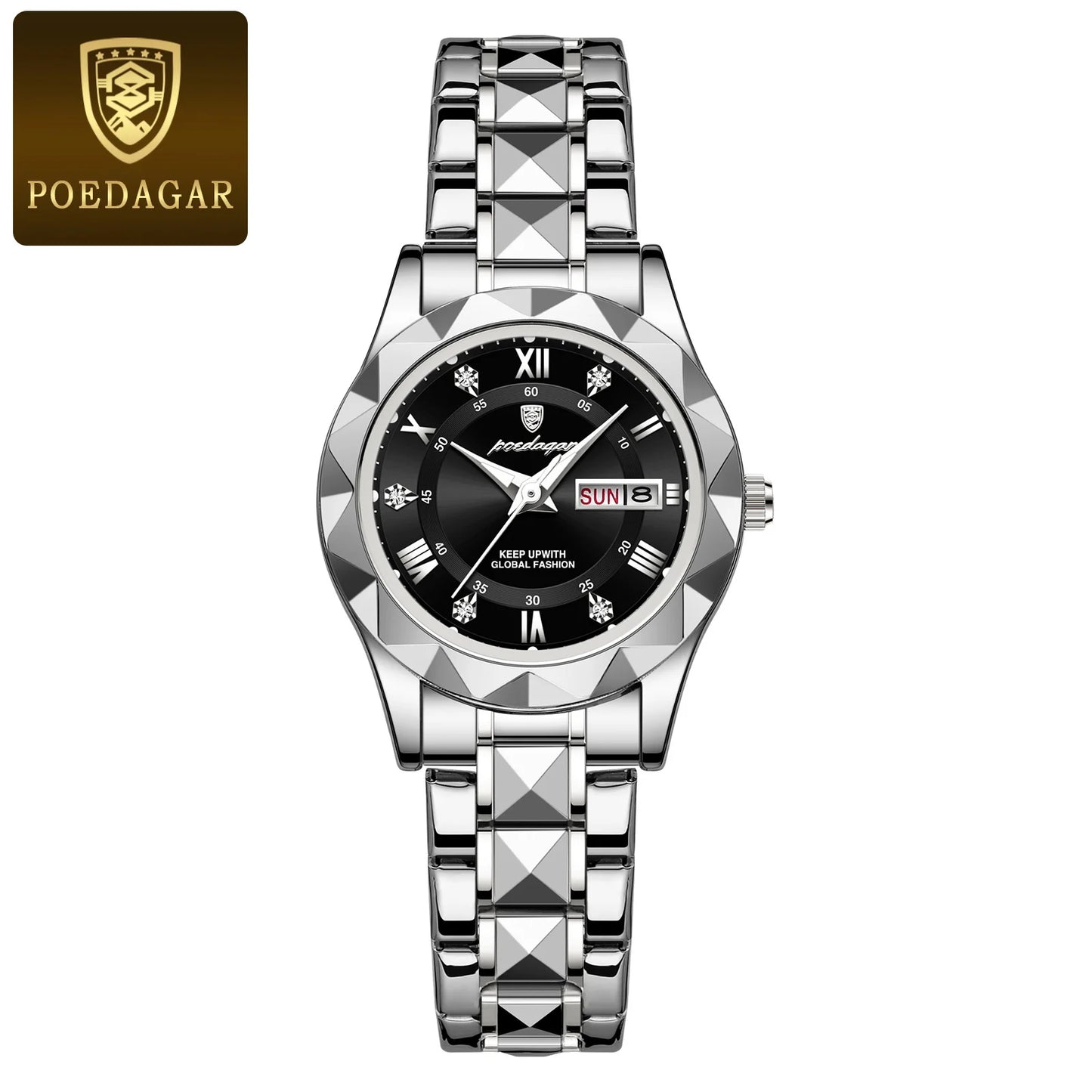 POEDAGAR Luxury Ladies Dress Watch Luminous Waterproof Week Date Woman Wristwatch Stainless Steel Women Quartz Watches reloj+box