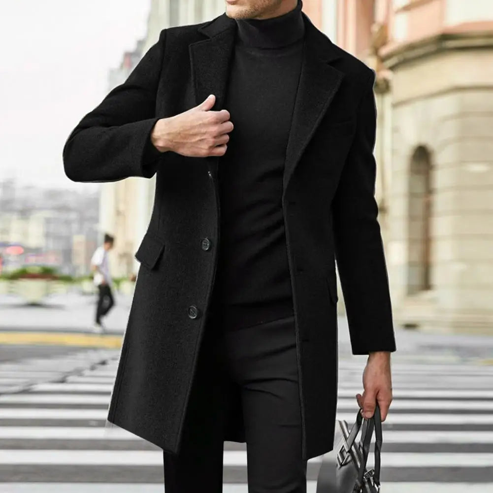 Men's Mid-Length Lapel Jacket – Winter Flap Pocket Overcoat