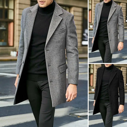 Men's Mid-Length Lapel Jacket – Winter Flap Pocket Overcoat