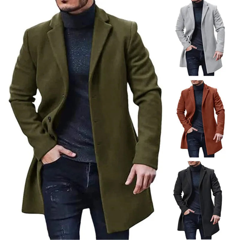 Men's Streetwear Wool Jacket – Solid Color Casual Lapel Coat for Spring & Winter