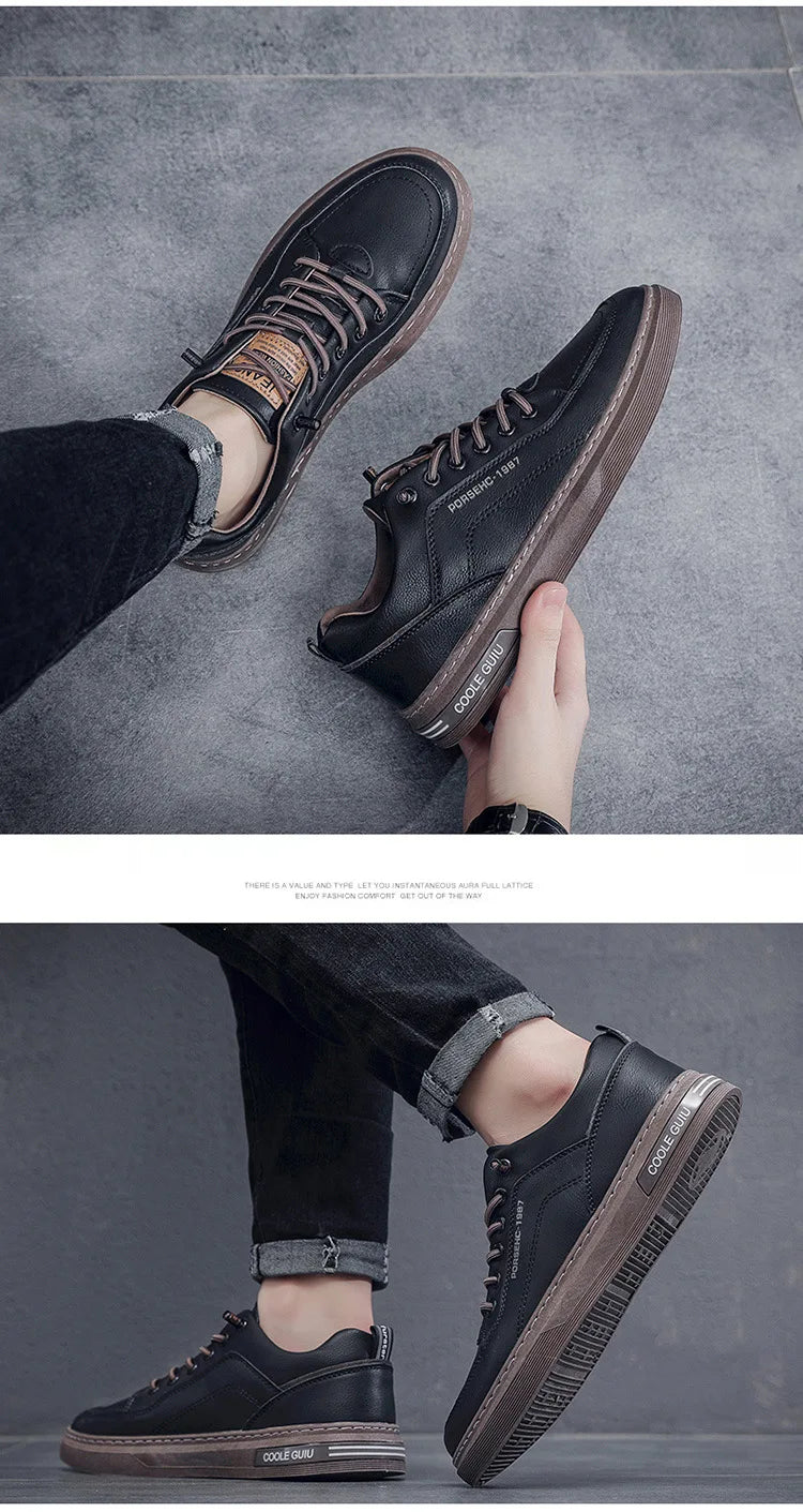 Mens Leather Shoes Fall Fashion Sneakers for Driving Walking Office, Comfortable Men Slip on Skate Flats Non Slip Youth Shoe