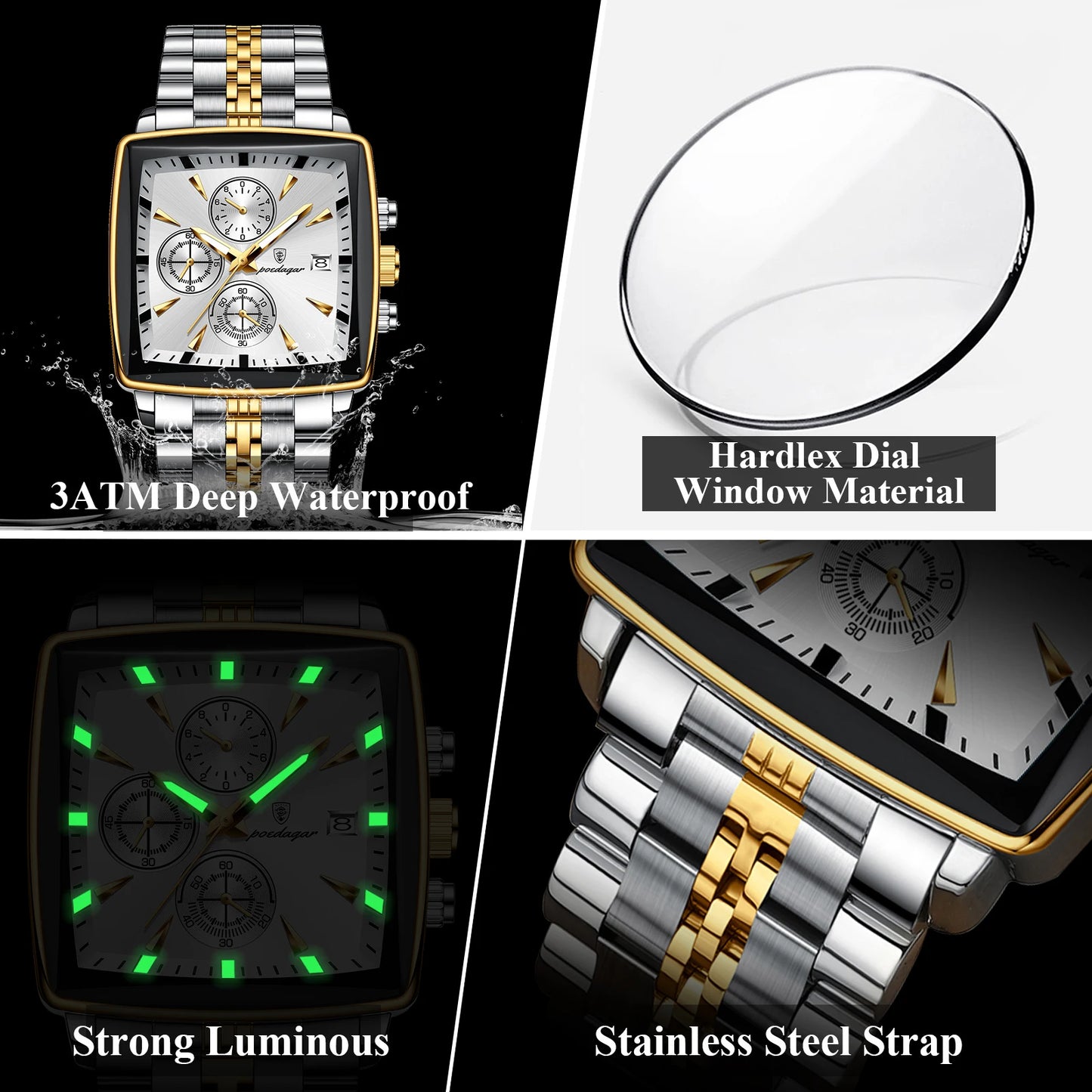 POEDAGAR Luxury Square Sport Man Wristwatch Waterproof Luminous Chronograph Quartz Men's Watches Stainless Steel Men Watch Reloj