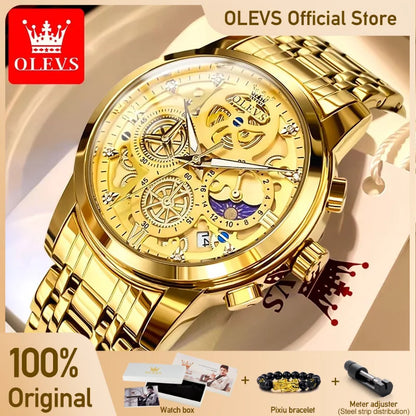 OLEVS Men's Watches Top Brand Luxury Original Waterproof Quartz Watch for Man Gold Skeleton Style 24 Hour Day Night New