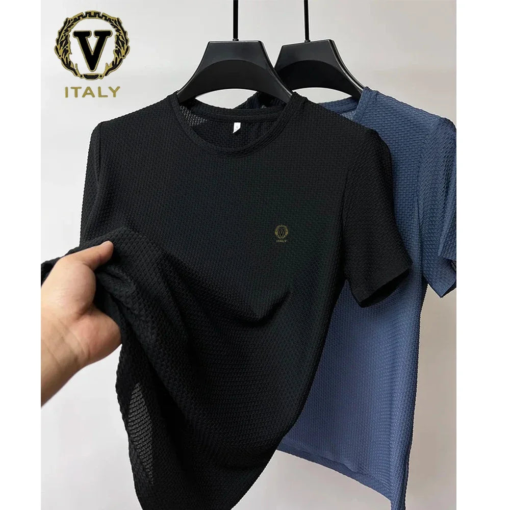 Ice Silk T-shirt – Trendy Printed Men’s Short Sleeve Round Neck