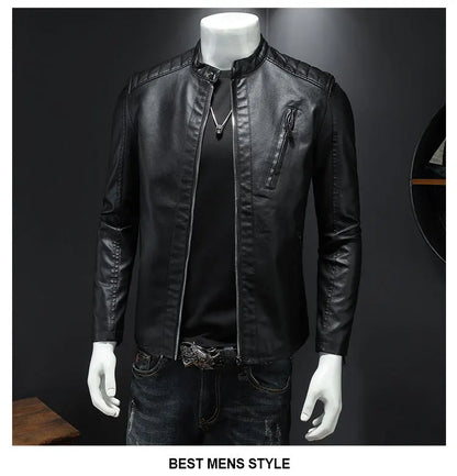 Men's Stand Collar Slim Fit PU Leather Jacket