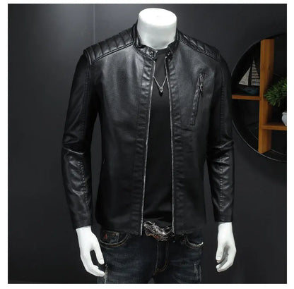 Men's Stand Collar Slim Fit PU Leather Jacket