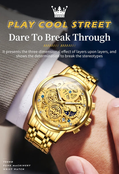 OLEVS Men's Watches Top Brand Luxury Original Waterproof Quartz Watch for Man Gold Skeleton Style 24 Hour Day Night New