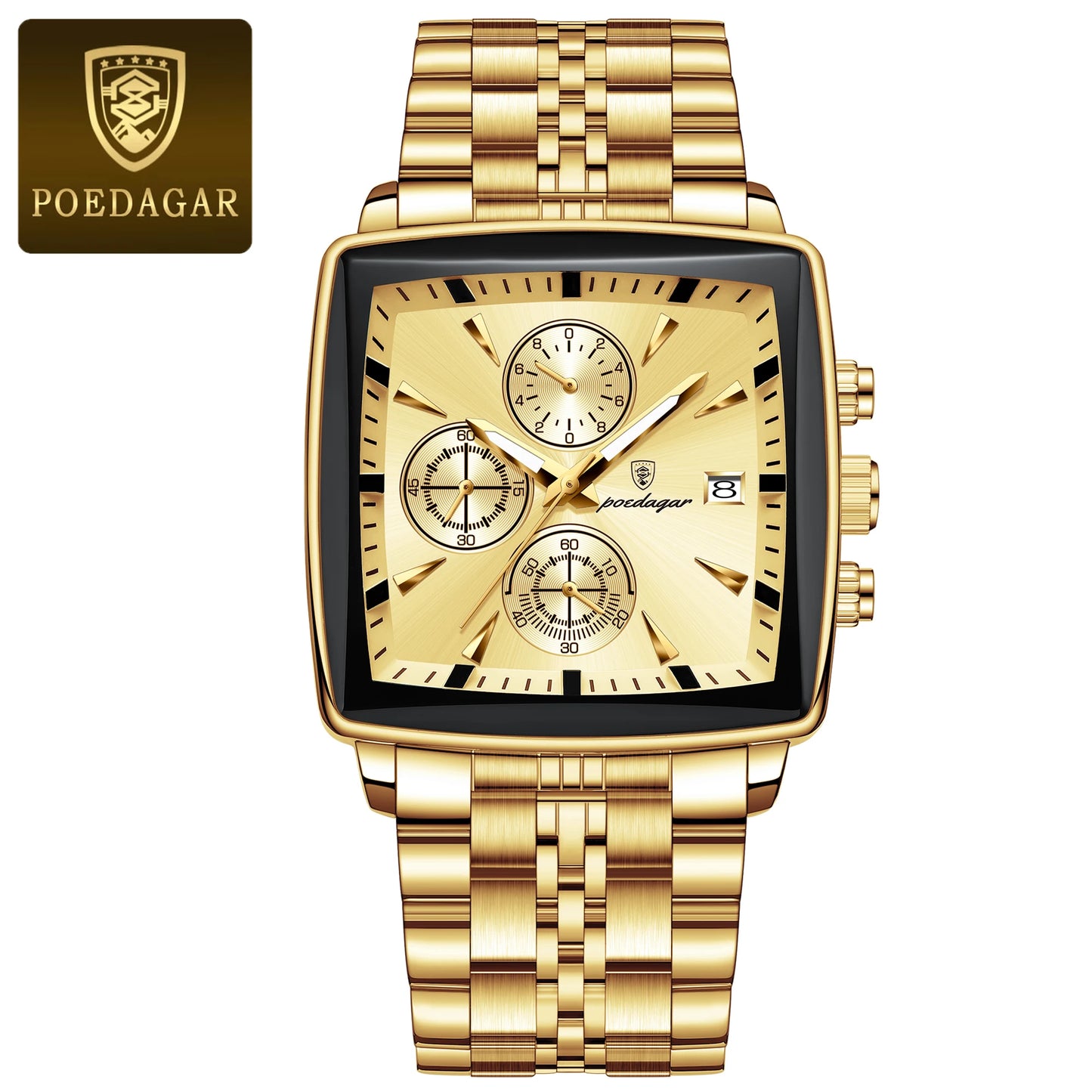 POEDAGAR Luxury Square Sport Man Wristwatch Waterproof Luminous Chronograph Quartz Men's Watches Stainless Steel Men Watch Reloj