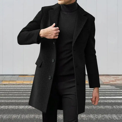 Men's Mid-Length Lapel Jacket – Winter Flap Pocket Overcoat