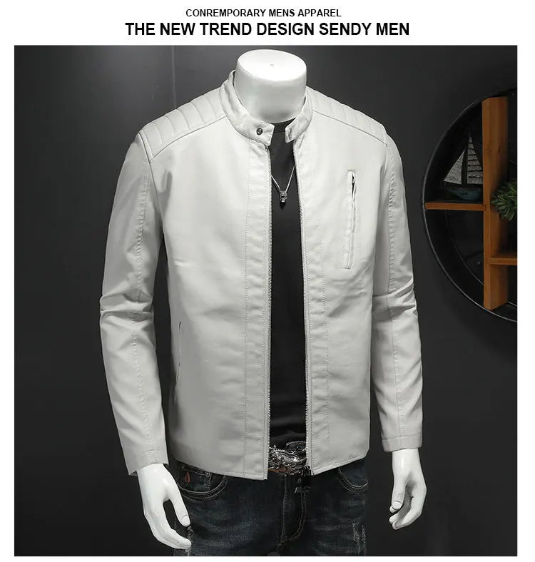 Men's Stand Collar Slim Fit PU Leather Jacket