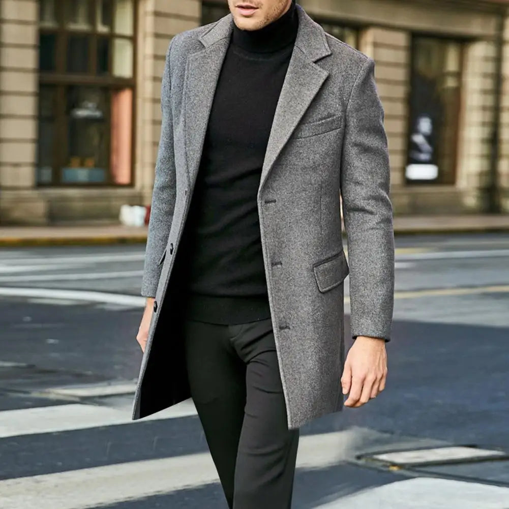 Men's Mid-Length Lapel Jacket – Winter Flap Pocket Overcoat