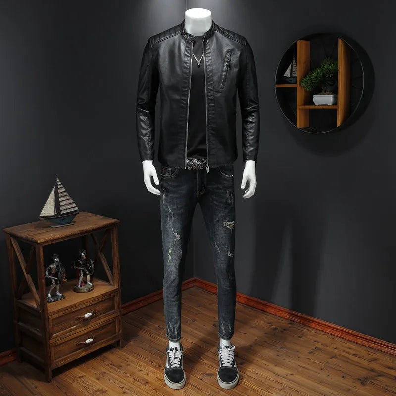 Men's Stand Collar Slim Fit PU Leather Jacket